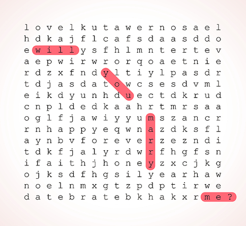 Wedding card - word search puzzle with highlighted question - will you merry me?