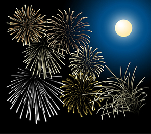 Silver and golden fireworks with moon on the background