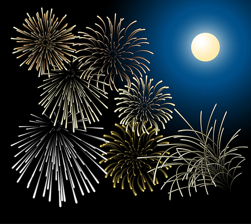 Silver and golden fireworks with moon on the background