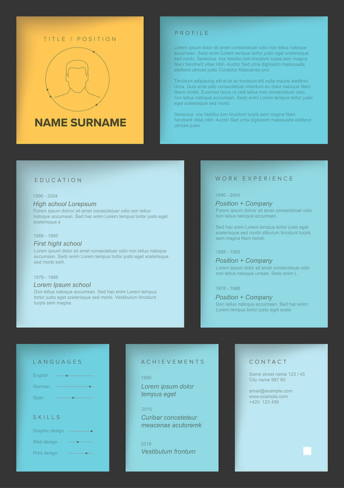 Vector dark minimalist cv / resume template with blue blocks design