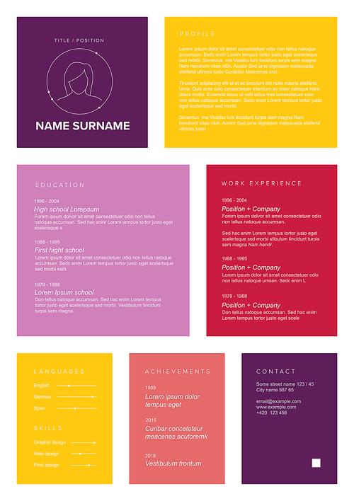 Vector female minimalist cv / resume template with color blocks design - for girls and women