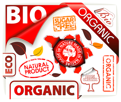 set of red bio, , organic elements - labels, stickers, stamps, ribbons