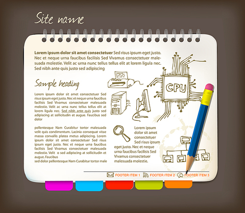 Horizontal web site template - Open notepad with colorful bookmarks
