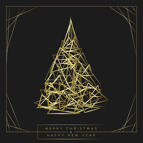 Vector modern trendy christmas card with abstract golden geometry christmas tree on a dark background