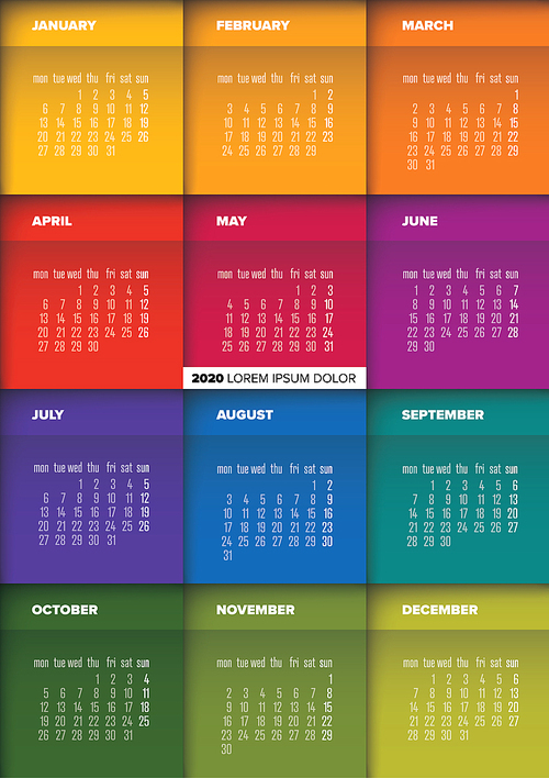 Vector calendar template for the year 2020 all months on folded color papers