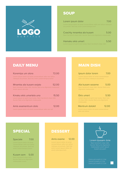 Modern pastel light flat minimalistic vertical restaurant menu template with nice typography
