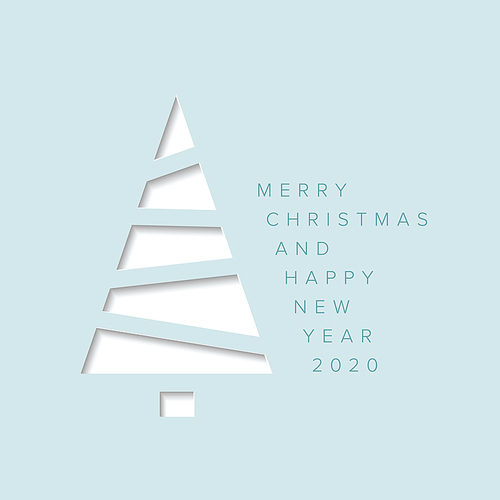 Vector Merry Christmas card with a white minimalistic tree cut of  from blue paper
