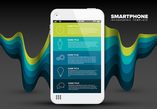 Vector smart phone infographic template with 5 elements, icons, description and place for your content - dark version