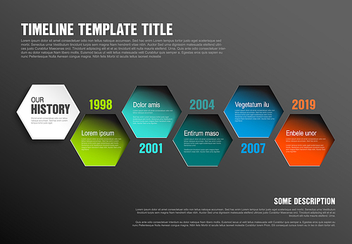 Vector Infographic timeline template made from color hexagons with text content