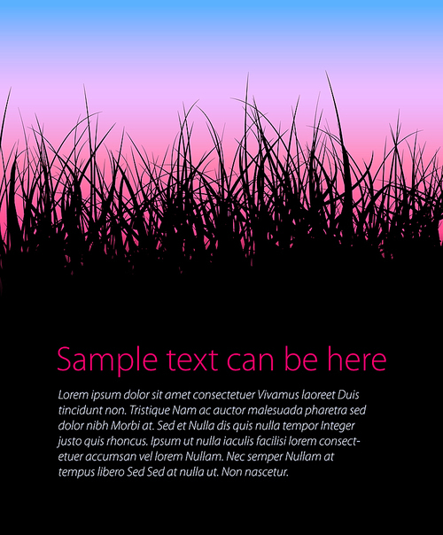 Vector grass background with place for your text and red twilight sky