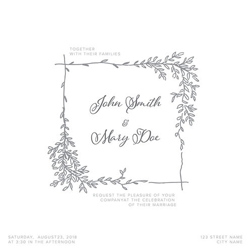 Vector blue silver wedding invitation template with leafs and branches