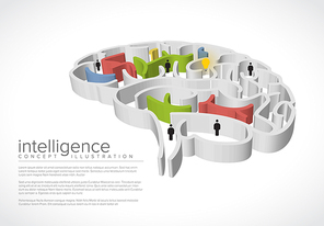 Intelligence conceptual illustration with brain as a labyrinth, idea and people