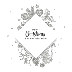 Vector vintage hand drawn Christmas card with various seasonal shapes - ginger breads, mistletoe, cone, nuts and diamond content placeholder