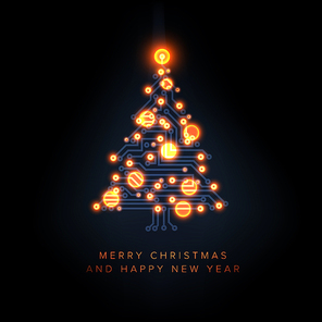 Christmas card with christmas tree made from electical circuit and orange lightning baubles