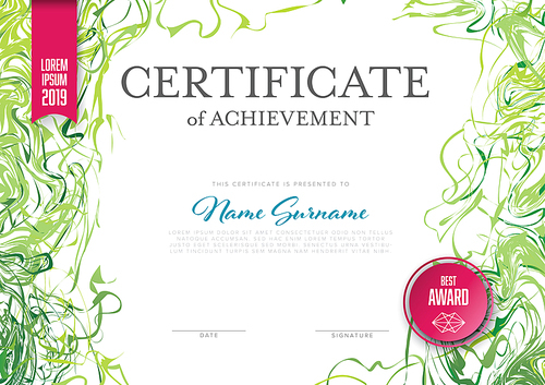Modern certificate of achievement template with place for your content - horizontal fresh colors version