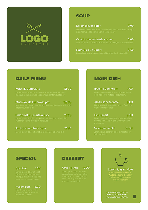 Modern green flat minimalistic vertical restaurant menu template with nice typography