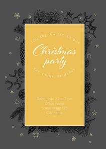 Vector vintage hand drawn Christmas party invitation template with various seasonal shapes - ginger breads, mistletoe, cone, nuts - dark version
