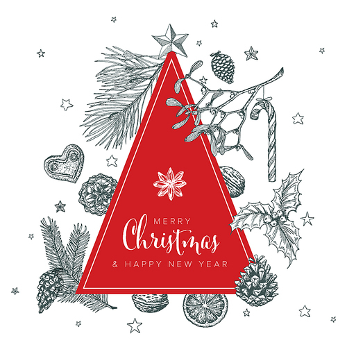 Vector vintage hand drawn Christmas card with various seasonal shapes - ginger breads, mistletoe, cone, nuts and minimalistic triangle christmas tree