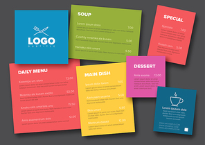 Modern pastel light flat minimalistic vertical restaurant menu template with color content block