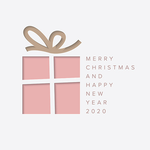 Vector Merry Christmas card with red present and ribbon cut of  from paper - light version