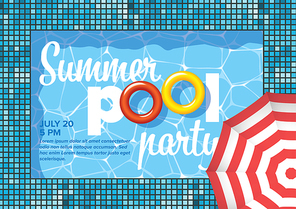 Vector summer pool party invitation flyer poster template with blue water background - horizontal version with parasol