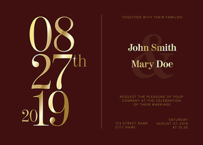 Vector dark Typography Wedding invitation card template with big golden numbers