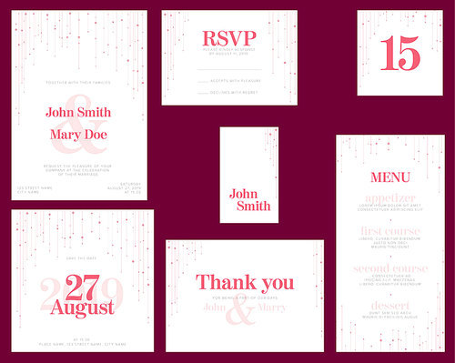 Modern pink Wedding suite collection card templates with pink labels and decorations on white - invitation, save the date card, rsvp, thank you card, table number, table name card, menu
