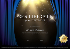 Modern certificate of achievement template with place for your content - blue theatre curtain version with golden accent