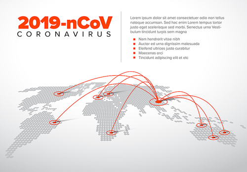 Vector flyer infographic template with coronavirus spread map illustration and place for your information - red version