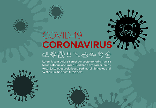Vector flyer template with coronavirus illustration, icons and place for your information - teal red version