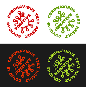 Coronavirus covid-19 test result label tag stamps - red positive and green negative with grunge version isolated on dark background