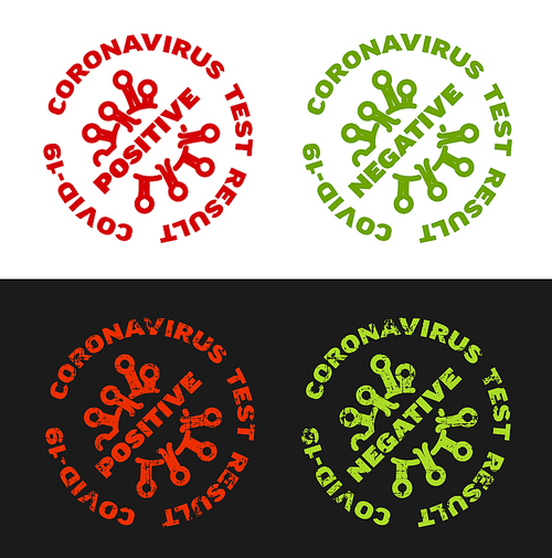 Coronavirus covid-19 test result label tag stamps - red positive and green negative with grunge version isolated on dark background