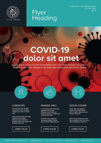 Vector flyer brochure cover template with coronavirus illustration, icons and place for your information - teal red version