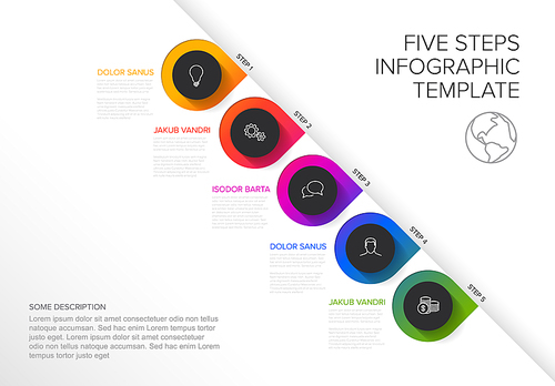 One two three four five - vector diagonal progress template with five steps and description - light background version