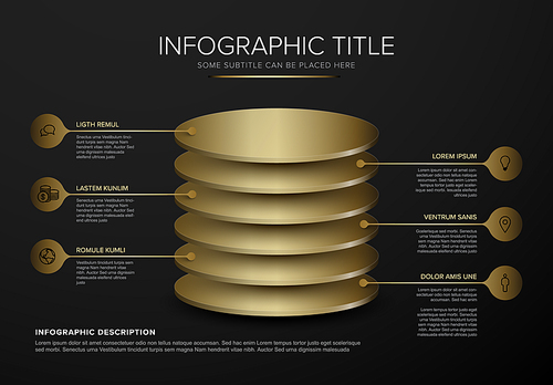 Vector Infographic circle layers template with six golden coins and dark background