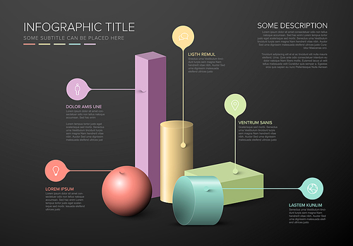 Vector dark multipurpose Infographic template with various color 3d shapes