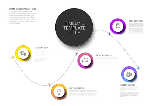 Vector Infographic timeline template with curved line, circle buttons with shadow and various descriptions - light color version