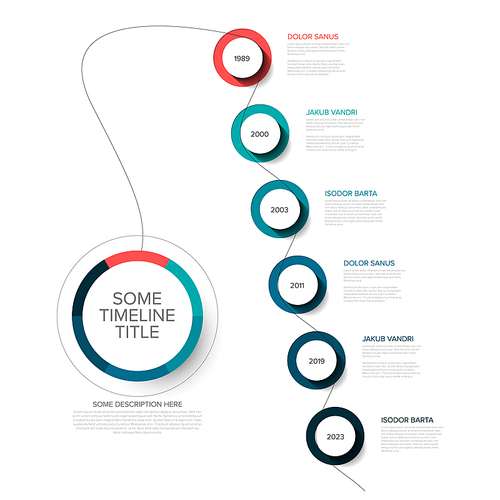 Vector Infographic timeline template with diagonal line, circle buttons with shadow and various descriptions - teal and redl color version