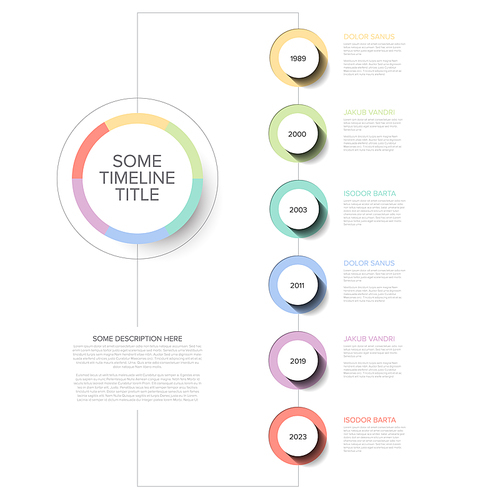 Vector Infographic timeline template with vertical line, circle buttons with shadow and various descriptions - pastel color version