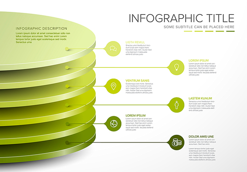Vector Infographic circle layers template with six level desks for material structure - green color template