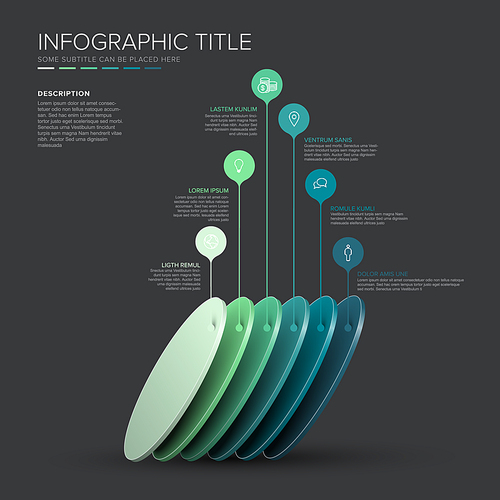 Vector Infographic diagonal circle layers template with six level desks for material structure - teal color template with dark background