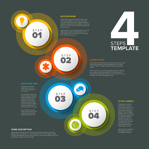 Vector progress steps template with descriptions, icons and circles on dark gray background