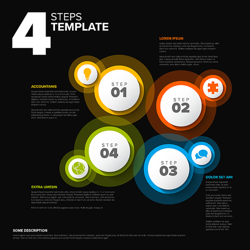 Vector dark progress steps template with descriptions, icons and circles
