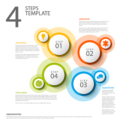 Vector light progress steps template with descriptions, icons and circles