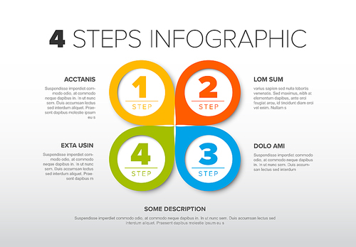 Vector light progress steps template with descriptions, icons and circles with arrows - simple quatrefoil infographic