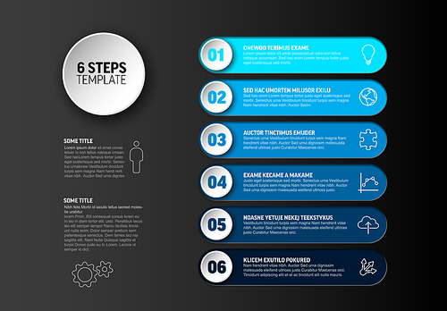 One two three four five six - vector progress steps template with descriptions and icons - deep blue version