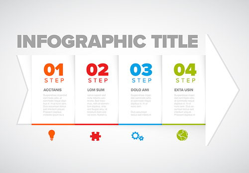 One two three four - vector white arrow progress steps template with colorful descriptions and icons
