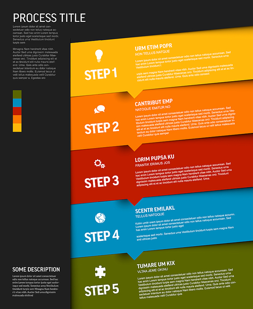 One two three four five - vector progress color block steps template with descriptions and icons on diagonal blocks - dark vertical version