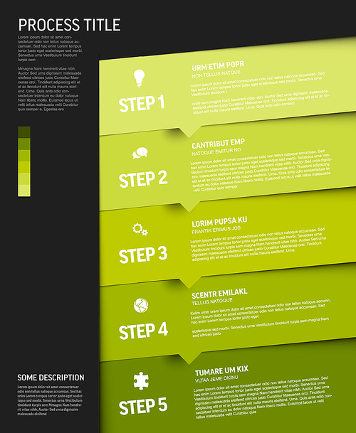 One two three four five - vector progress block steps template with descriptions and icons on diagonal blocks - green vertical version