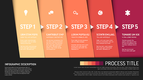 One two three four five - vector progress block steps template with descriptions and icons on diagonal blocks